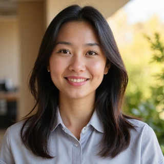 Professional portrait of a team member, Sarah Chen, in a natural setting