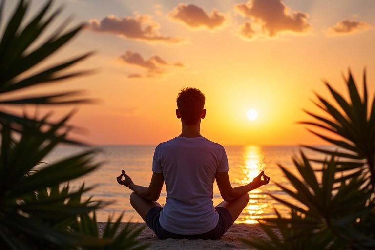 A person meditating peacefully on a beach at sunset, with tropical foliage in the foreground, symbolizing wellness and tranquility. No text or letters.