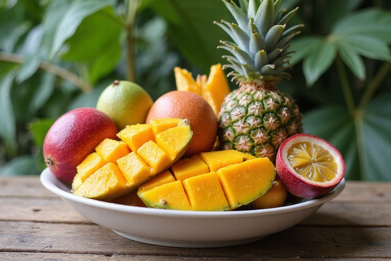 A vibrant bowl of fresh tropical fruits including mango, pineapple, and passion fruit, artfully arranged on a wooden table, emphasizing health and freshness.