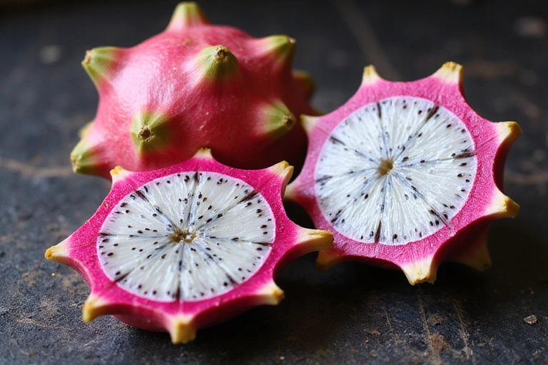 A vibrant dragon fruit sliced open, showcasing its unique pink and white speckled flesh, placed on a dark, rustic background. No text or letters.