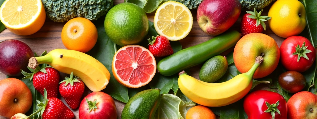 A vibrant collage of various tropical fruits and healthy ingredients, forming a dynamic background for a newsletter subscription banner. No text or letters.
