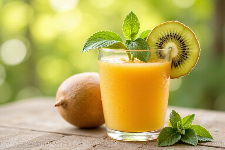 A delicious and healthy tropical smoothie in a glass, garnished with a slice of kiwi and a mint leaf, against a bright, natural background. No text or letters.