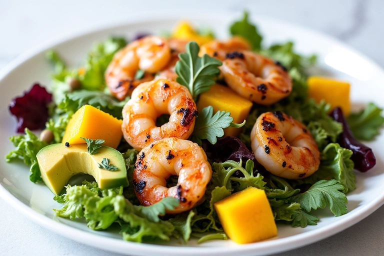 A colorful tropical salad featuring mixed greens, mango, avocado, and grilled shrimp, dressed with a light vinaigrette, presented on a white plate. No text or letters.
