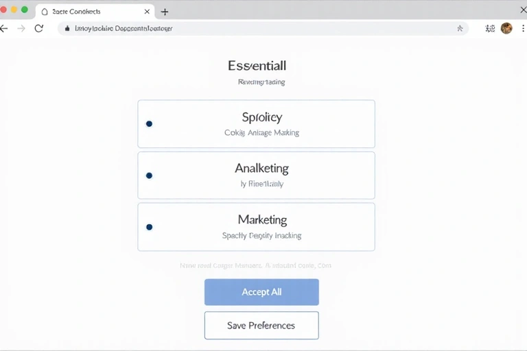 Illustration of a cookie consent manager interface with toggle switches for different cookie categories