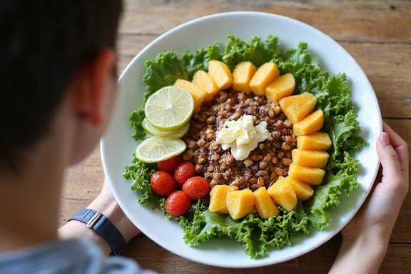 A person looking at a healthy, vibrant salad with tropical fruits, representing general nutrition.