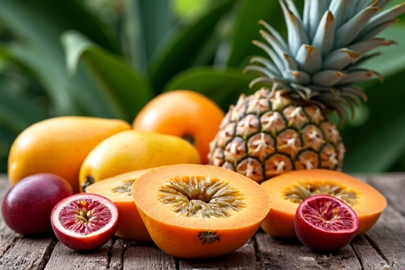 An assortment of vibrant tropical fruits like mango, papaya, pineapple, and passion fruit.