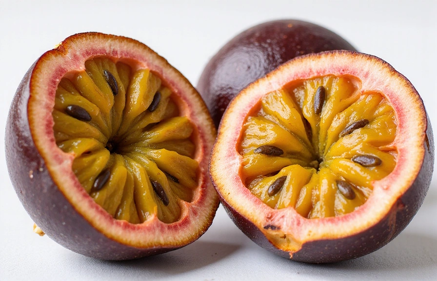 A cross-section of a ripe passion fruit, revealing its vibrant, gelatinous pulp and edible seeds. The dark, crinkly skin contrasts with the bright interior, emphasizing its exotic appeal.