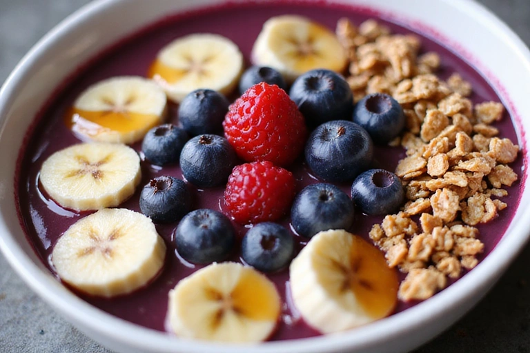 A vibrant close-up of a bowl filled with acai berries, topped with granola, sliced bananas, and a drizzle of honey, suggesting a healthy and delicious breakfast option. The colors are rich and appealing.