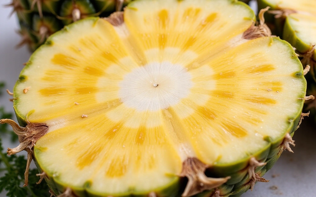 A close-up shot of a freshly cut pineapple, showing its juicy, golden flesh and the spiky crown. The background is blurred, focusing on the intricate patterns of the fruit. The image conveys freshness and tropical vibrancy.