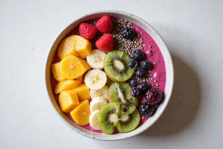 A colorful smoothie bowl topped with various fresh tropical fruits like kiwi, banana, and berries, with a sprinkle of chia seeds, presented on a light background. The image is bright and appetizing, suggesting healthy eating.