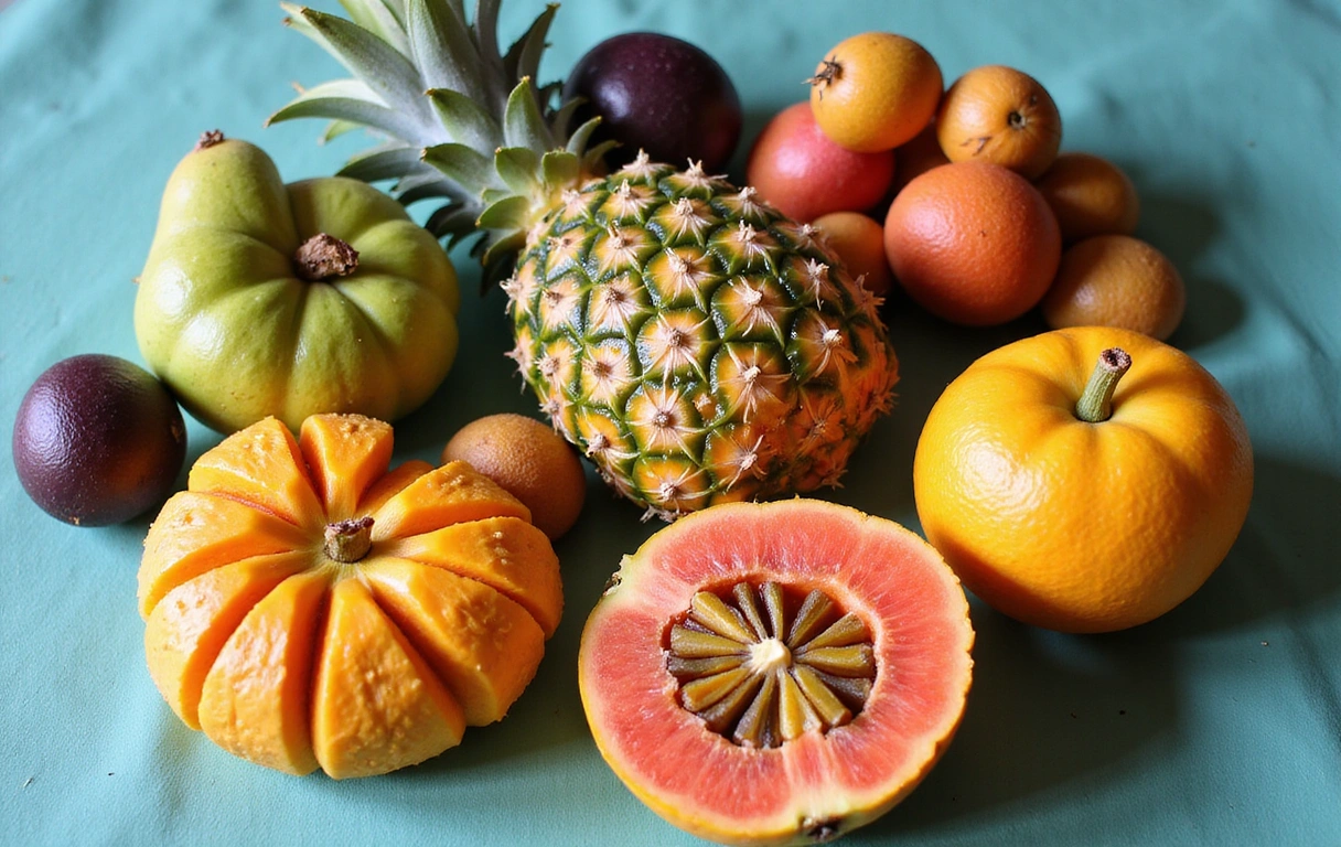 A vibrant display of various tropical fruits like mangoes, pineapples, papayas, and passion fruits, artfully arranged on a rustic wooden table with lush green foliage in the background. The lighting is soft and natural, highlighting the rich colors and textures of the fruits, making them look fresh and appealing.