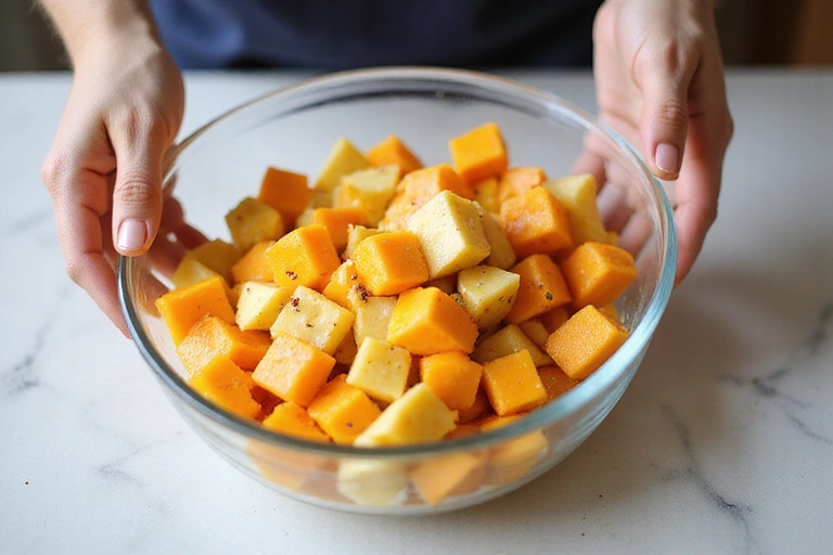 A person's hands are preparing a fresh tropical fruit salad in a glass bowl, with a variety of chopped fruits like mango, pineapple, and papaya visible. The setting is bright and clean, emphasizing healthy food preparation.