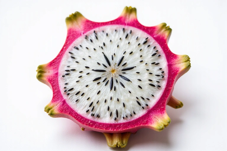 A halved dragon fruit, revealing its striking white flesh speckled with tiny black seeds. The vibrant pink skin of the fruit creates a beautiful contrast, highlighting its exotic and appealing appearance.