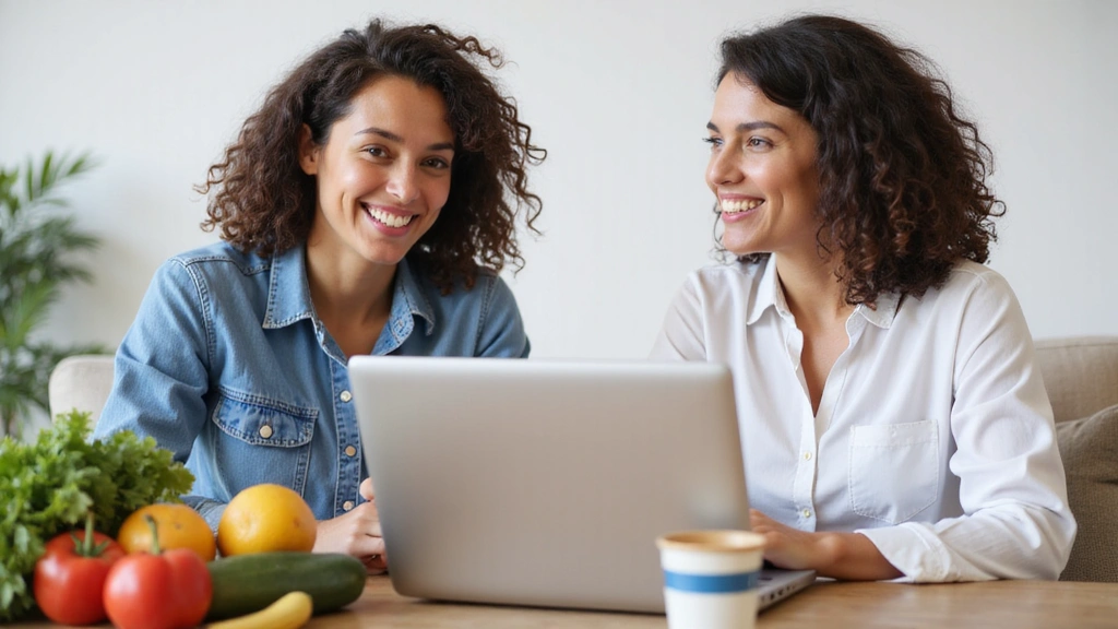 A person engaging in an online consultation with a nutritionist, smiling and looking at a laptop screen with healthy food nearby.