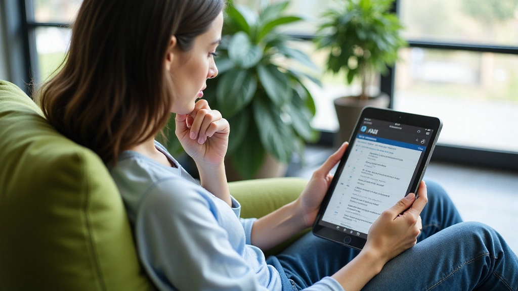 A woman looking thoughtfully at frequently asked questions on a tablet, surrounded by a calm, green-themed environment.