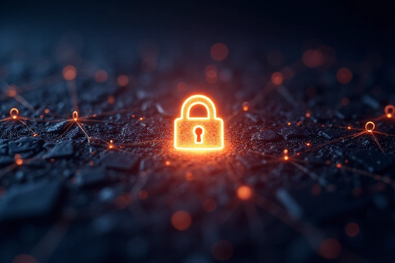 Digital padlock icon on a secure network background, symbolizing data protection