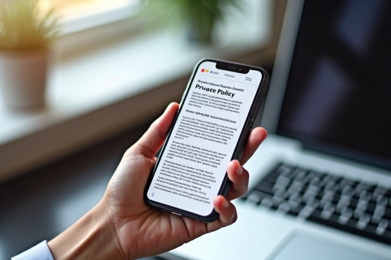 Hands holding a phone with a privacy policy on screen, illustrating data protection