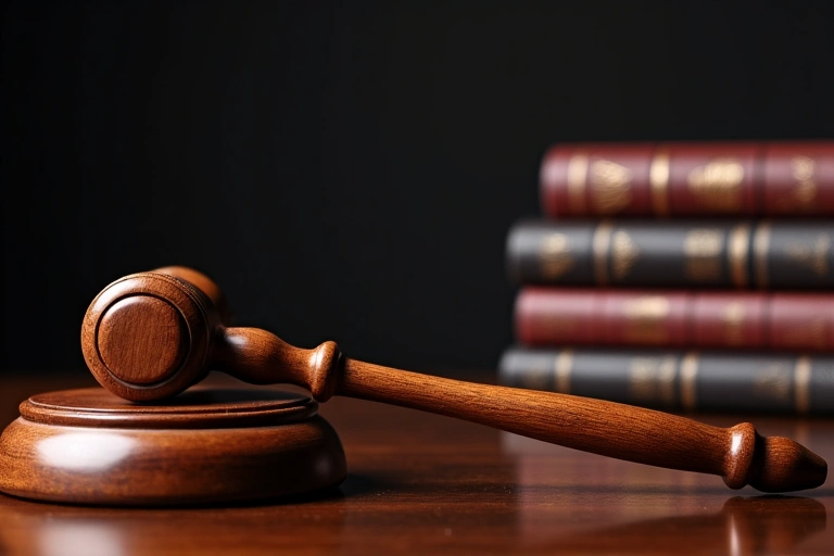 A legal gavel and a stack of law books on a polished wooden desk, symbolizing legal terms and governance