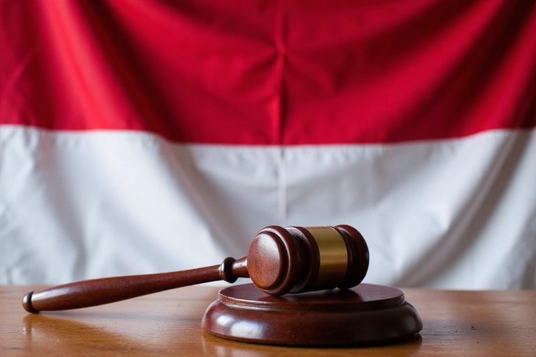 Indonesian flag alongside a legal gavel on a wooden desk