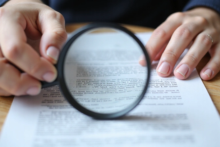 Person reading a legal document with a magnifying glass